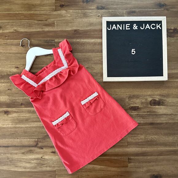 Janie & Jack Poppy Red Ruffle Eyelet Trim Ponte Knit Sleeveless Lace Dress 5 - Picture 1 of 8